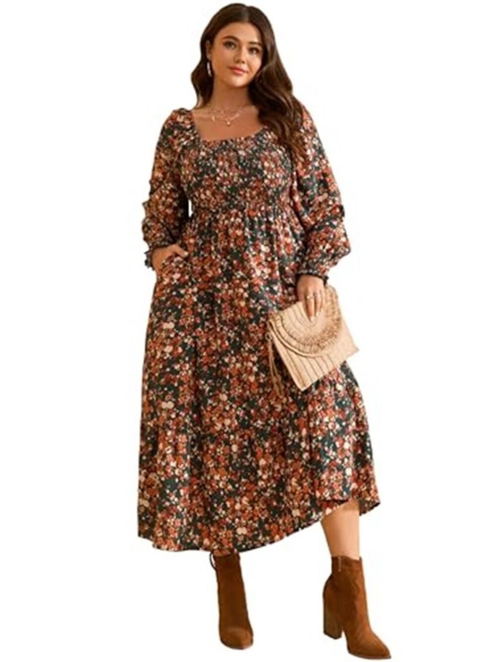Women Plus Size Fall Dresses Long Sleeve Smocked Boho Floral Maxi Dress